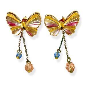 Earrings Butterfly Insect Gold Tone Pink Drop Dangle Chain Beads Pierced Stud